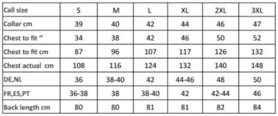 Popeline Hemd langarm "Mulligan" Premier | PR 250 Grössentabelle