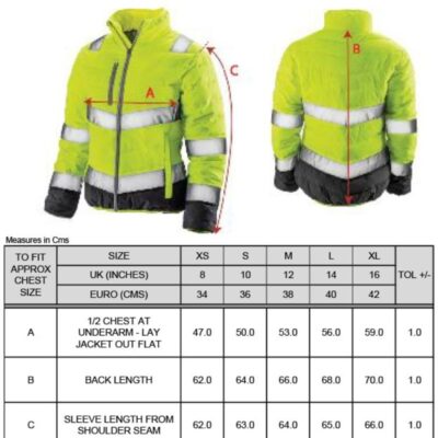Damen Sicherheitsjacke Result | R 325F Grössentabelle Damen Sicherheitsjacke Result | R 325F Grössentabelle