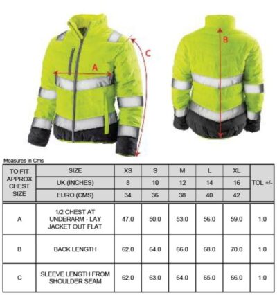 Damen Sicherheitsjacke Result | R 325F Grössentabelle Damen Sicherheitsjacke Result | R 325F Grössentabelle