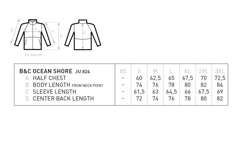 Jacke mit Thermofutter B&C | Ocean Shore Grössentabelle Jacke mit Thermofutter B&C | Ocean Shore Grössentabelle