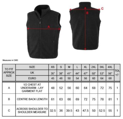 Fleece Gilet Result Recycled | R 904X Grössentabelle Fleece Gilet Result Recycled | R 904X Grössentabelle