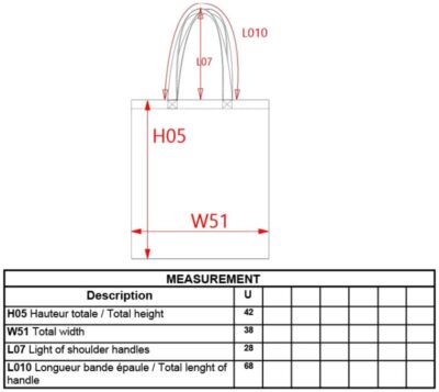 Baumwolltasche mit langem Henkel Kimood | KI 0223 Grössentabelle