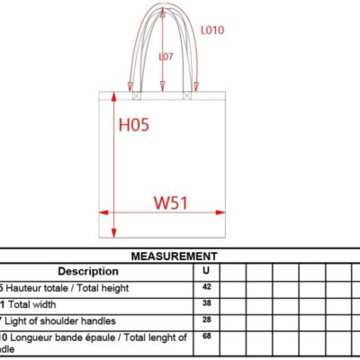 Baumwolltasche mit langem Henkel Kimood | KI 0223 Grössentabelle