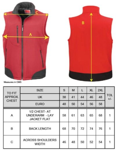 3-Lagen Softshell Bodywarmer Result | R 123X Grössentabelle 3-Lagen Softshell Bodywarmer Result | R 123X Grössentabelle