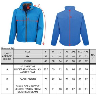 Herren 3-Lagen Softshell Jacke Result | R 121M Grössentabelle Herren 3-Lagen Softshell Jacke Result | R 121M Grössentabelle