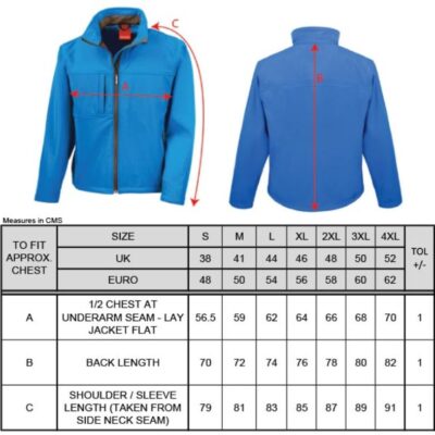 Herren 3-Lagen Softshell Jacke Result | R 121M Grössentabelle Herren 3-Lagen Softshell Jacke Result | R 121M Grössentabelle