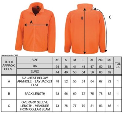 Microfleece Jacke Result Core | R 114X Grössentabelle
