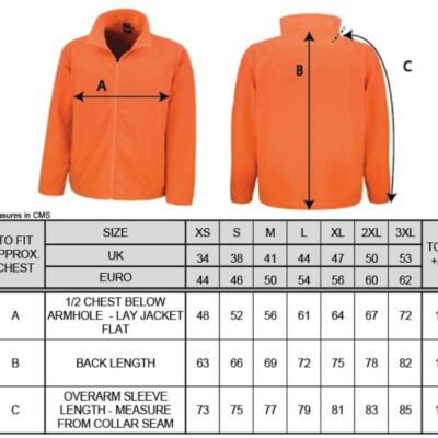 Microfleece Jacke Result Core | R 114X Grössentabelle