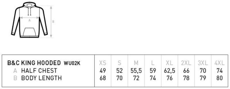 Herren Kapuzen Sweater B&C | KING Hooded_° Grössentabelle