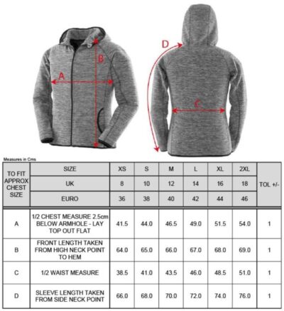 Damen Microfleece Kapuzenjacke Spiro | S 245F Grössentabelle