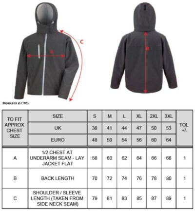 Herren 3-Lagen Softshell Kapuzenjacke Result Core | R 230M Grössentabelle Herren 3-Lagen Softshell Kapuzenjacke Result Core | R 230M Grössentabelle