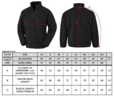 Fleece Jacke Result Recycled | R 903X Grössentabelle Fleece Jacke Result Recycled | R 903X Grössentabelle