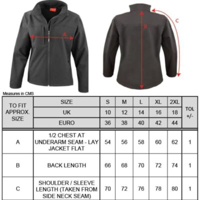 Damen 3-Lagen Softshell Jacke Result | R 121F Grössentabelle Damen 3-Lagen Softshell Jacke Result | R 121F Grössentabelle