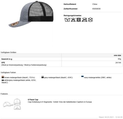 6 Panel Mesh Kappe Daiber | MB 6244 Grössentabelle 6 Panel Mesh Kappe Daiber | MB 6244 Grössentabelle