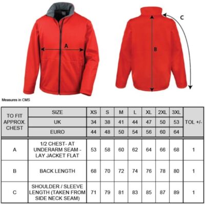 Herren 3-Lagen Softshell Jacke Result Core | R 209M Grössentabelle