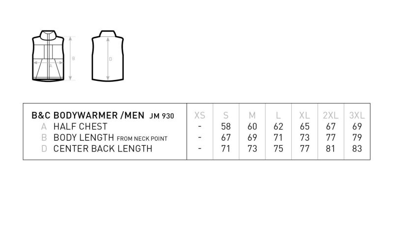 Herren Bodywarmer B&C | Bodywarmer /men Grössentabelle Herren Bodywarmer B&C | Bodywarmer /men Grössentabelle