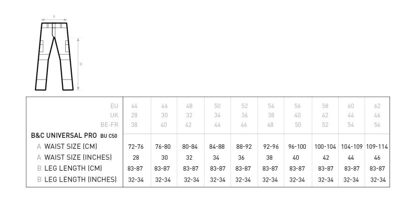 Workwear Hose B&C | Universal Pro Grössentabelle