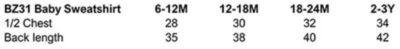 Baby Sweater Babybugz | BZ 31 Grössentabelle Baby Sweater Babybugz | BZ 31 Grössentabelle