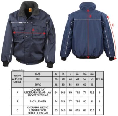 Workwear Jacke mit abnehmbaren Ärmeln Result Work-Guard | R 071X Grössentabelle Workwear Jacke mit abnehmbaren Ärmeln Result Work-Guard | R 071X Grössentabelle