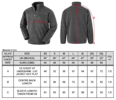 Microfleece Pullover mit 1/4 Zip Result Recycled | R 905X Grössentabelle