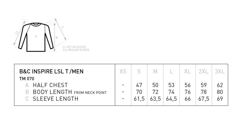 Herren T-Shirt langarm B&C | Inspire LSL T /men_° Grössentabelle Herren T-Shirt langarm B&C | Inspire LSL T /men_° Grössentabelle
