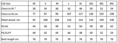 Kochjacke Premier | PR 657 Grössentabelle