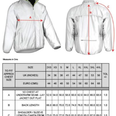 Sportjacke "Luxe Reflectex Hi-Vis" Spiro | S 266X Grössentabelle Sportjacke "Luxe Reflectex Hi-Vis" Spiro | S 266X Grössentabelle