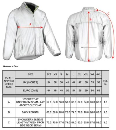 Sportjacke "Luxe Reflectex Hi-Vis" Spiro | S 266X Grössentabelle Sportjacke "Luxe Reflectex Hi-Vis" Spiro | S 266X Grössentabelle