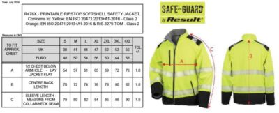 Sicherheits Softshell Jacke Result | R 476X Grössentabelle Sicherheits Softshell Jacke Result | R 476X Grössentabelle
