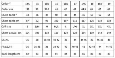 Piloten Hemd langarm Premier | PR 210 Grössentabelle
