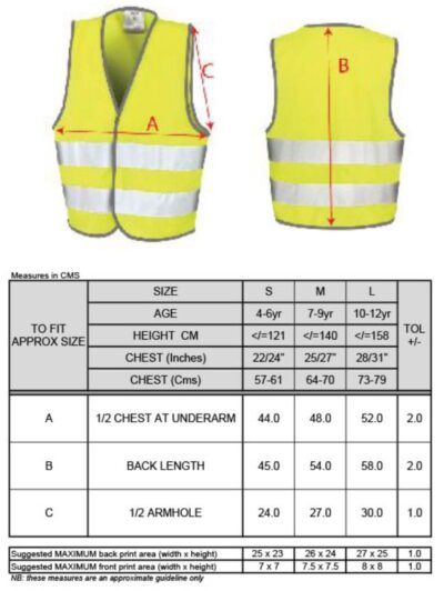 Kinder Warnweste Result Core | R 200J Grössentabelle