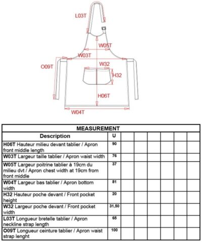Schürze Kariban | K 8005 Grössentabelle Schürze Kariban | K 8005 Grössentabelle