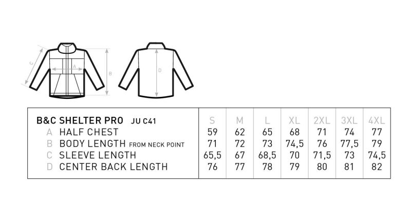 Workwear Jacke B&C | Shelter Pro Grössentabelle