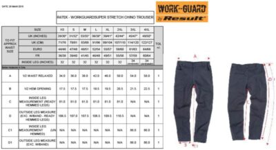 Workwear Slim Chino Hose Result Work-Guard | R 470X Grössentabelle Workwear Slim Chino Hose Result Work-Guard | R 470X Grössentabelle