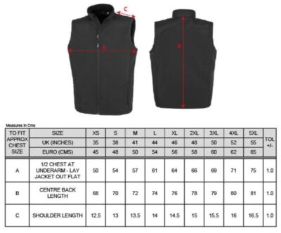 Herren 2-Lagen Softshell Gilet "Printable" Result Recycled | R 902M Grössentabelle Herren 2-Lagen Softshell Gilet "Printable" Result Recycled | R 902M Grössentabelle