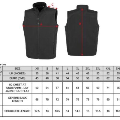 Herren 2-Lagen Softshell Gilet "Printable" Result Recycled | R 902M Grössentabelle Herren 2-Lagen Softshell Gilet "Printable" Result Recycled | R 902M Grössentabelle