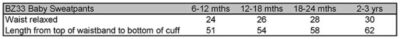 Baby Jogginghose Babybugz | BZ 33 Grössentabelle