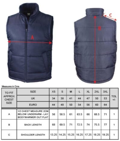 Bodywarmer Result Core | R 208X Grössentabelle Bodywarmer Result Core | R 208X Grössentabelle