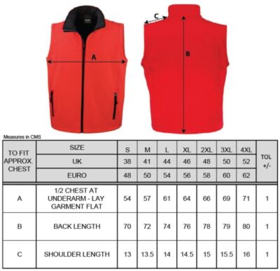 Herren 2-Lagen Softshell Gilet "Printable" Result Recyled | R 232M Grössentabelle Herren 2-Lagen Softshell Gilet "Printable" Result Recyled | R 232M Grössentabelle