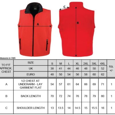 Herren 2-Lagen Softshell Gilet "Printable" Result Recyled | R 232M Grössentabelle Herren 2-Lagen Softshell Gilet "Printable" Result Recyled | R 232M Grössentabelle