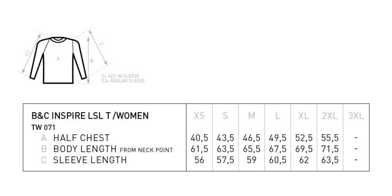 Damen T-Shirt langarm B&C | Inspire LSL T /women_° Grössentabelle Damen T-Shirt langarm B&C | Inspire LSL T /women_° Grössentabelle