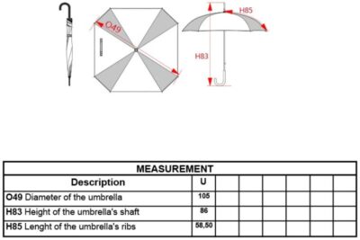 Quadratischer Regenschirm Kimood | KI 2023 Grössentabelle