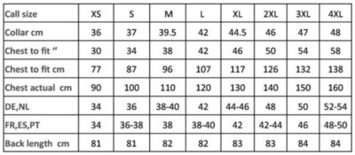 Popeline Stretch Hemd kurzarm Premier | PR 246 Grössentabelle