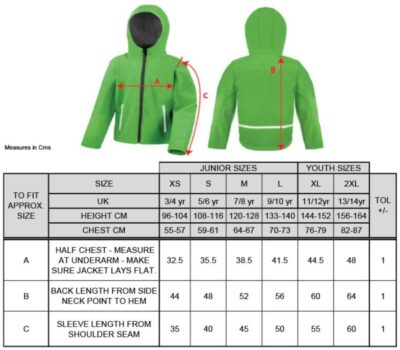 Kinder 3-Lagen Softshell Kapuzen Jacke Result | R 224JY Grössentabelle Kinder 3-Lagen Softshell Kapuzen Jacke Result | R 224JY Grössentabelle