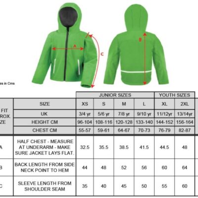 Kinder 3-Lagen Softshell Kapuzen Jacke Result | R 224JY Grössentabelle Kinder 3-Lagen Softshell Kapuzen Jacke Result | R 224JY Grössentabelle