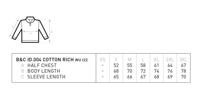 Sweater mit 1/4 Zip B&C | ID.004 80/20 Grössentabelle
