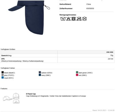 6 Panel Kappe mit Nackenschutz Daiber | MB 6243 Grössentabelle