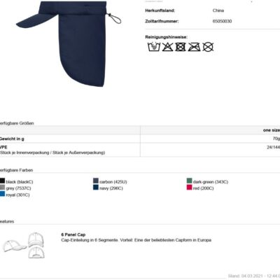 6 Panel Kappe mit Nackenschutz Daiber | MB 6243 Grössentabelle