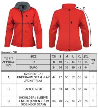Damen 3-Lagen Softshell Jacke Result Core | R 209F Grössentabelle