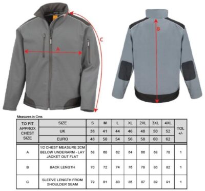 3-Lagen Softshell Ripstop Workwear Jacke Result Work-Guard | R 124X Grössentabelle 3-Lagen Softshell Ripstop Workwear Jacke Result Work-Guard | R 124X Grössentabelle